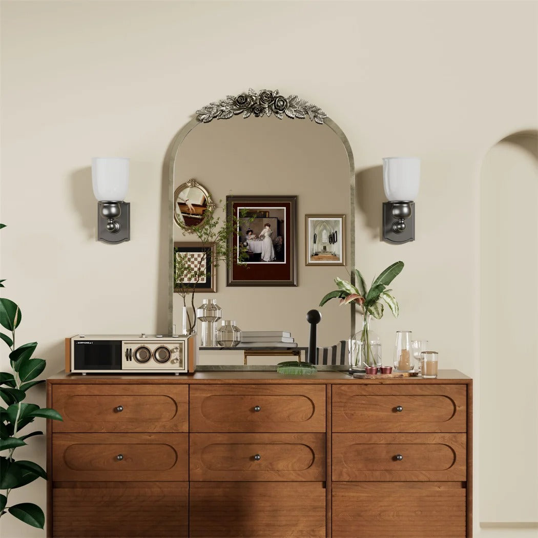 Arched Antique Brass Wall Mirror – Metal Frame with Decorative Resin Rose Pattern for Entryway, Fireplace & Living Room
