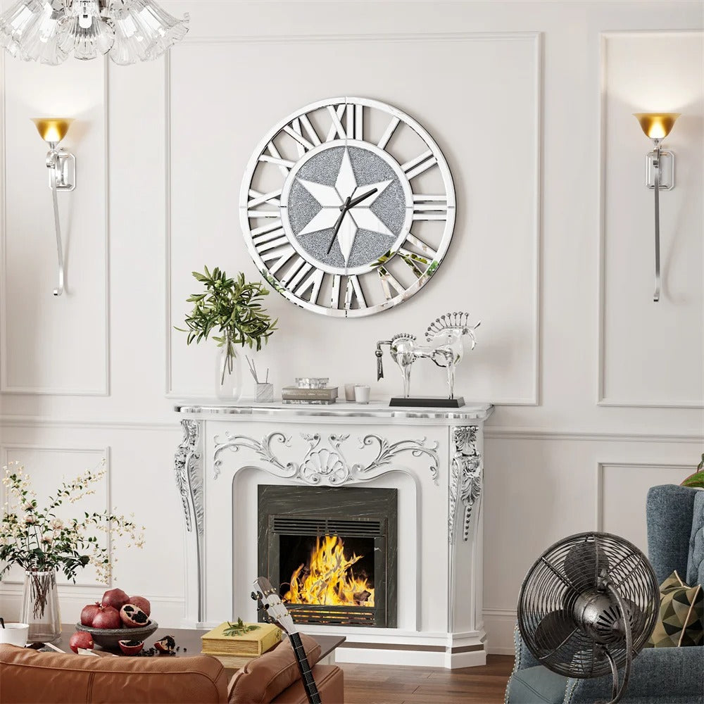 Large 60CM Round Mirrored Wall Clock – Beveled Glass Skeleton Clock with Roman Numerals for Living Room & Fireplace Decor