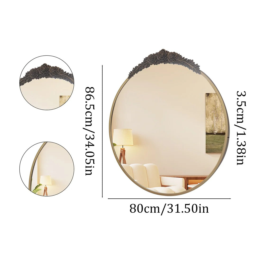 Baroque Round Wall Mirror – Brass Finish Metal Frame with Resin Rose Pattern for Living Room & Bathroom Décor