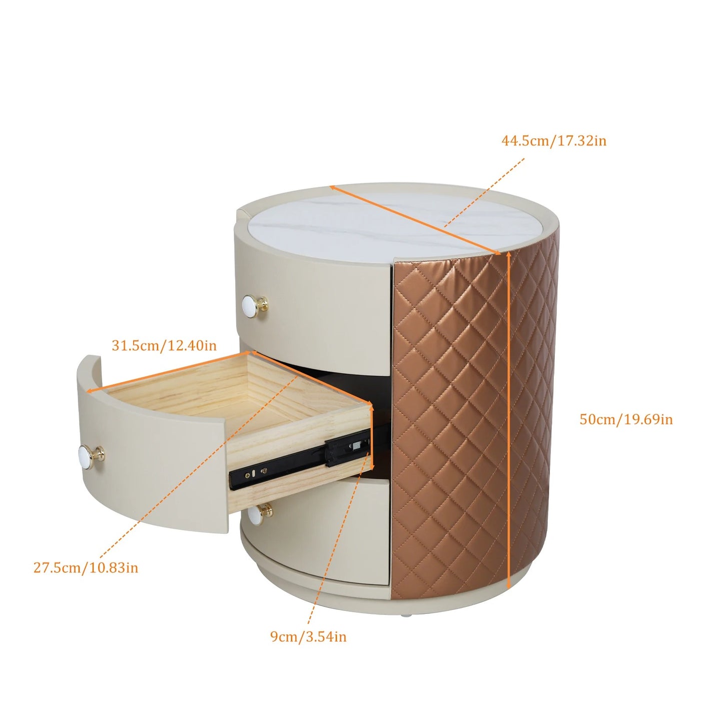 Round Nightstand with 3 Drawers PVC Leather Surface Modern Style Table Storage Cabinet for Living Room Bedroom