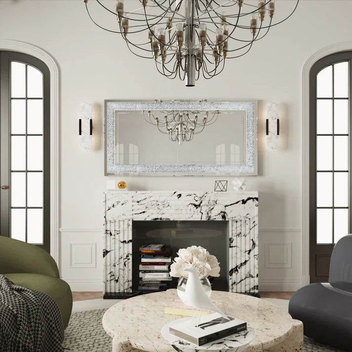 Luxury Silver Crystal Vanity Mirror – Large Frameless Wall Dressing Mirror with Rhinestone Detailing