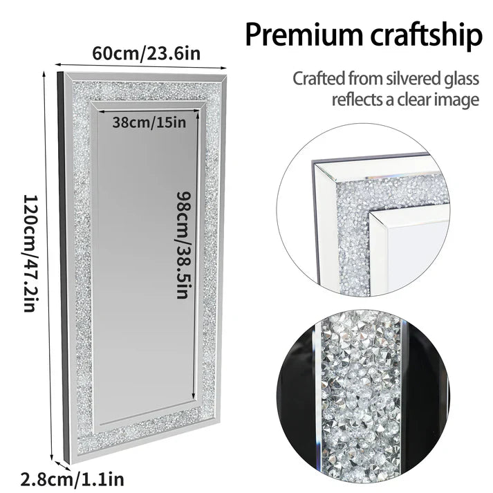 Luxury Silver Crystal Vanity Mirror – Large Frameless Wall Dressing Mirror with Rhinestone Detailing