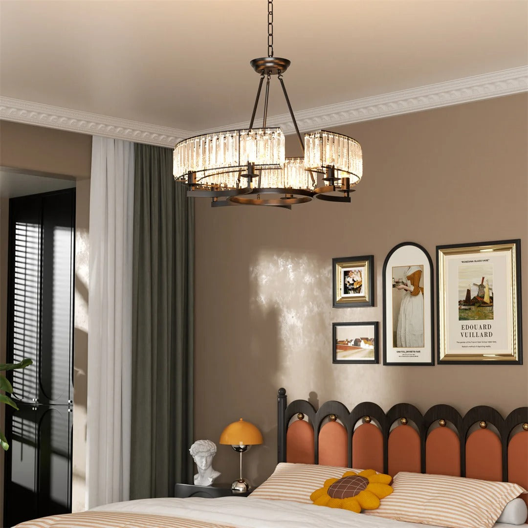 Round Crystal Chandelier – Black Ceiling Light Fixture with 3-Colour Modes & Adjustable Height