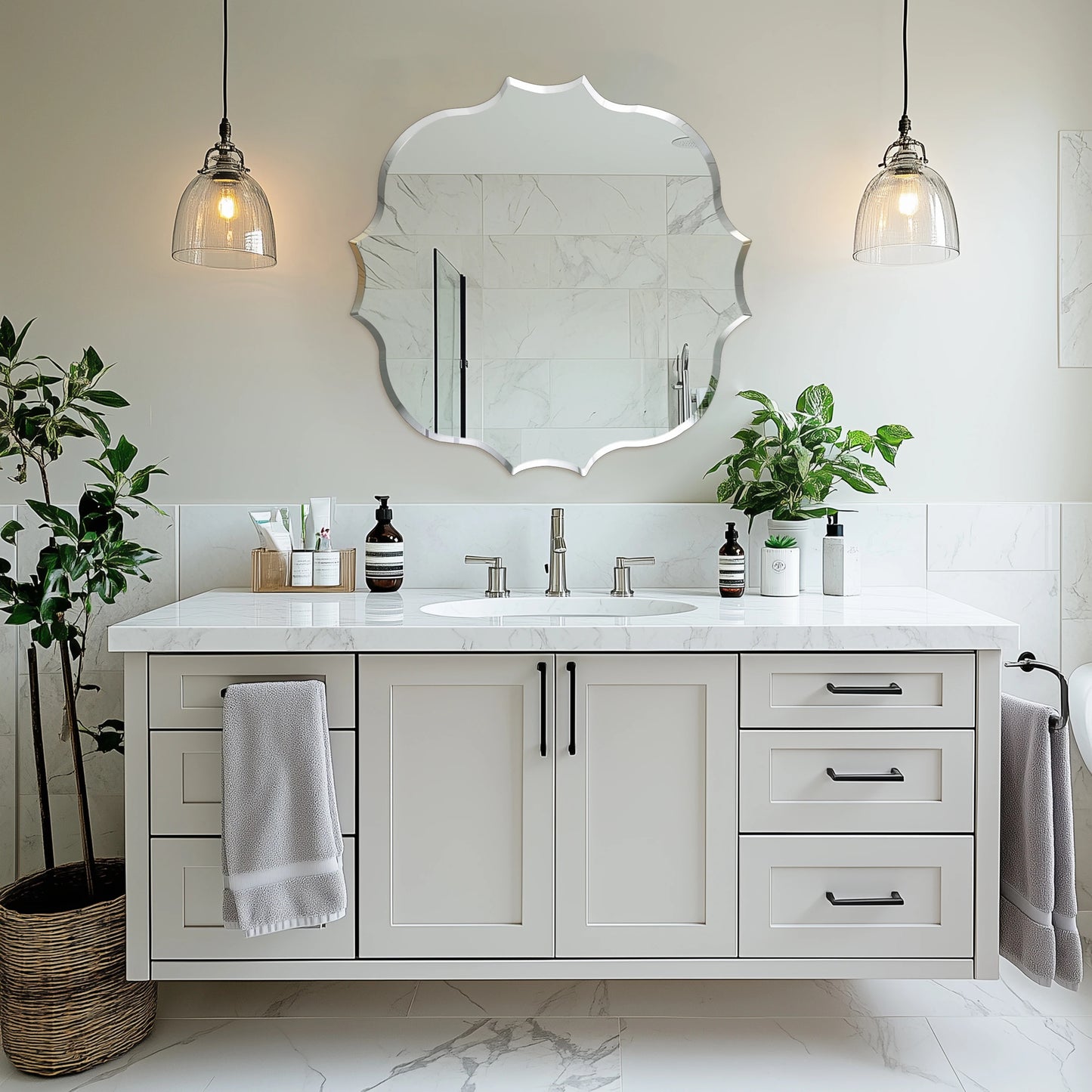 Frameless Bathroom Wall Mirror – Scalloped Beveled Edge Mirror for Living Room, Bedroom & Entryway
