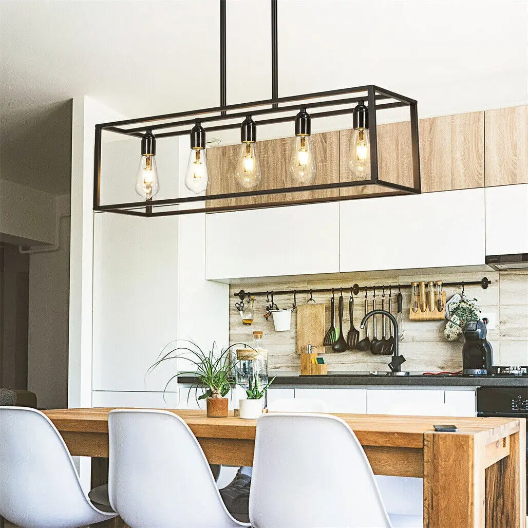 Industrial 5-Bulb Black Kitchen Island Chandelier – Pendant Ceiling Light for Living Room, Hallway & Farmhouse Interiors