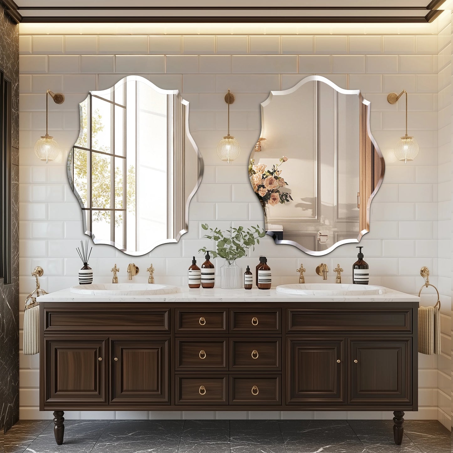 Scalloped Frameless Wall Mirror – Polished Silver Beveled Edge Mirror for Bathroom, Bedroom, Vanity & Living Room