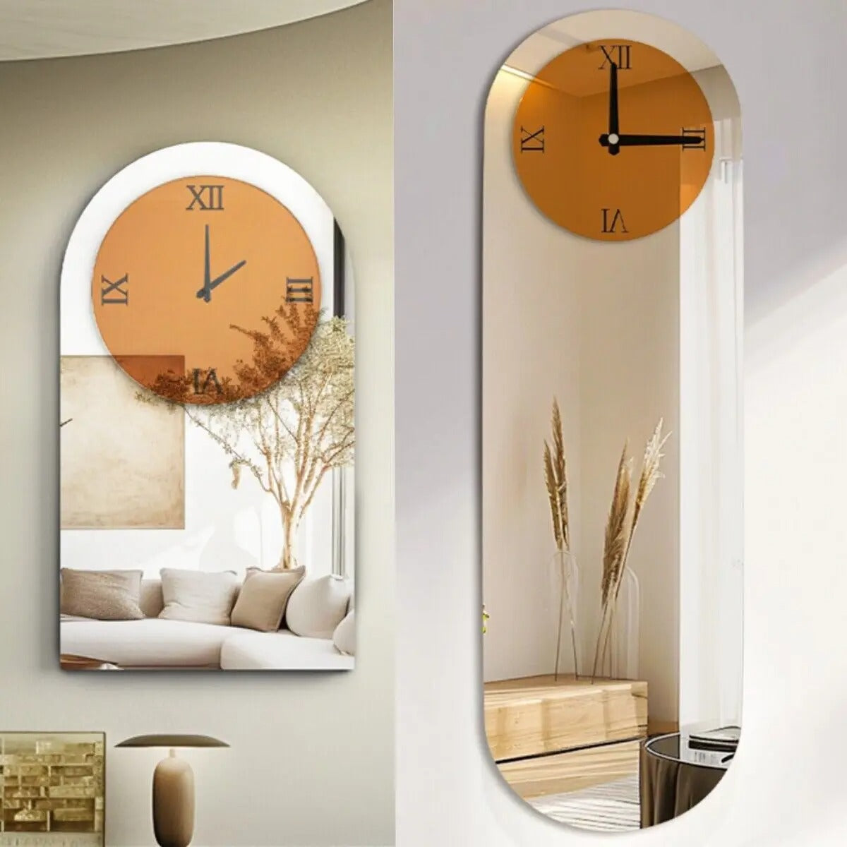 Modern Oblong Wall Clock – Long Silver Mirror Decorative Clock with Roman Numerals for Living Room & Bedroom