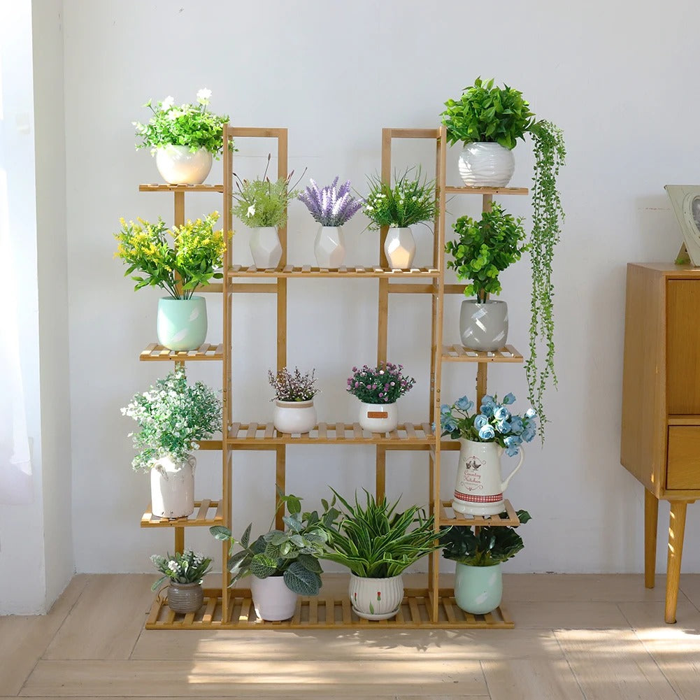 9-Tier Bamboo Plant Stand – Multi-Level Flowerpot Display Rack for Up to 17 Pots (Indoor & Outdoor)