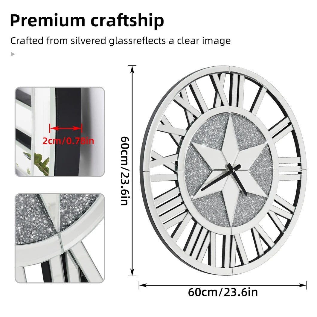 Large 60CM Round Mirrored Wall Clock – Beveled Glass Skeleton Clock with Roman Numerals for Living Room & Fireplace Decor