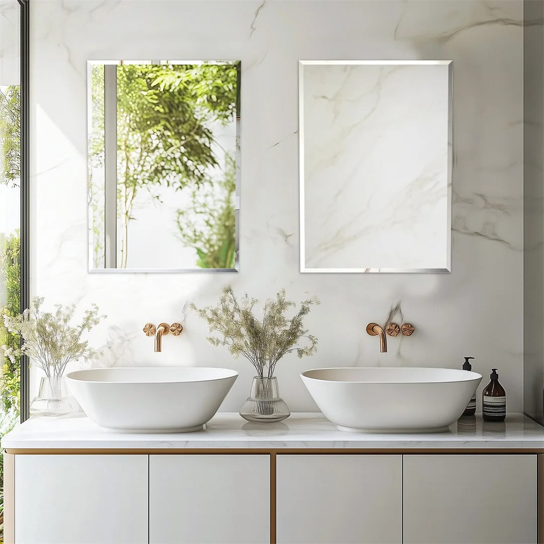 Frameless Rectangle Wall Mirror – Beveled Silver Edge Vanity Mirror for Bathroom, Bedroom, Living Room & Dining Room