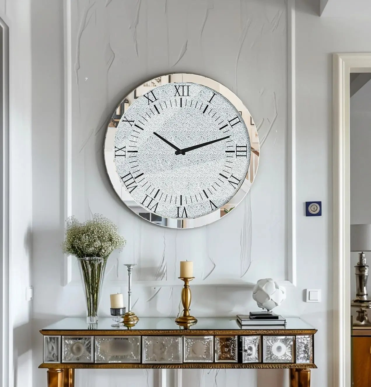 Round Crystal Crushed Diamond Wall Clock – Silver Mirrored Glass Clock for Sparkling Home Décor
