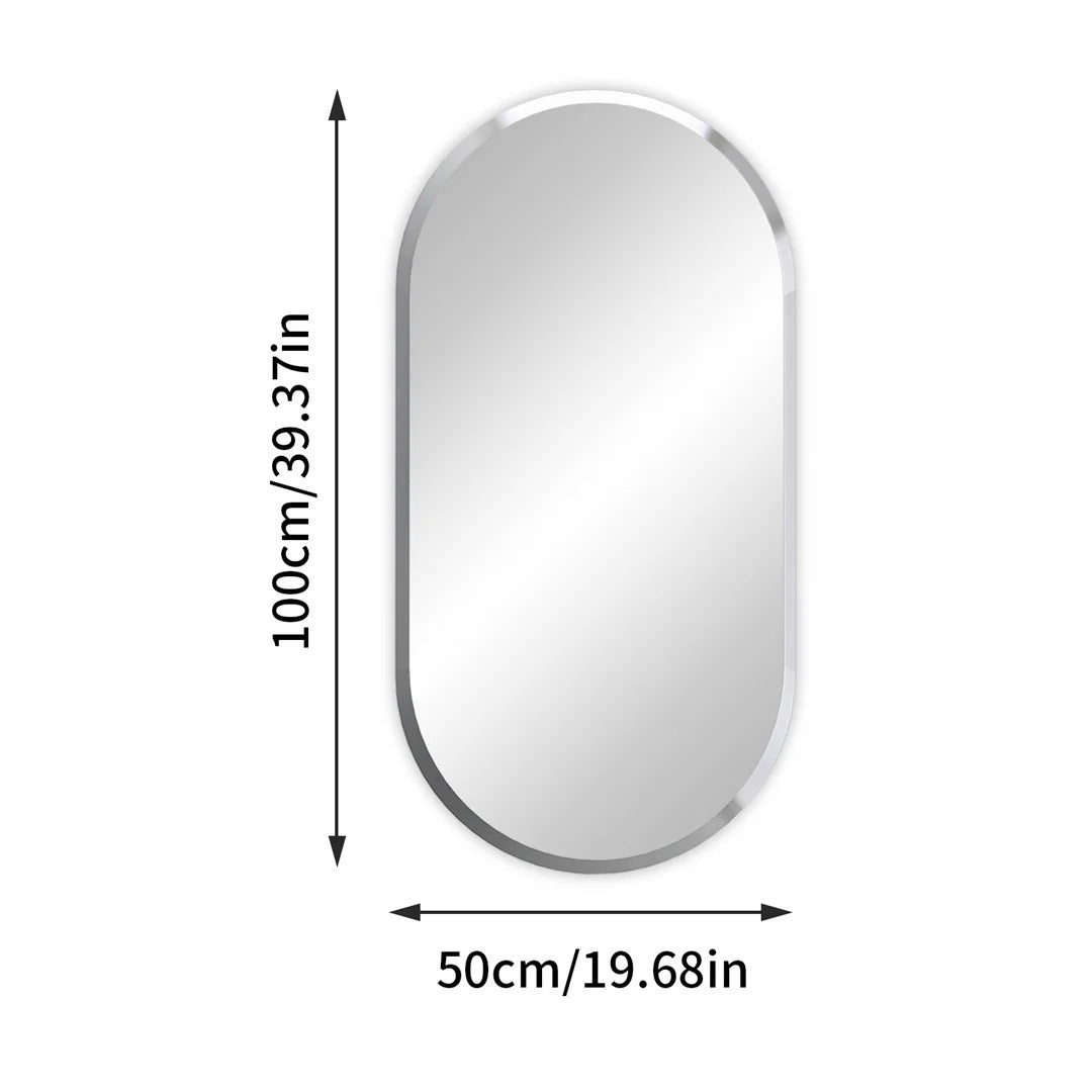 Frameless Long Oval Vanity Mirror – Silver Glass Wall Mirror with Beveled Edge for Bathroom & Entryway