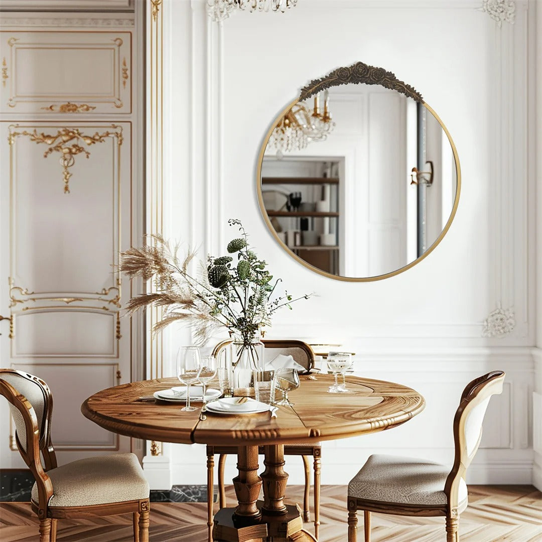 Baroque Round Wall Mirror – Brass Finish Metal Frame with Resin Rose Pattern for Living Room & Bathroom Décor