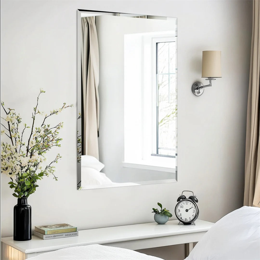 Frameless Rectangle Wall Mirror – Beveled Silver Edge Vanity Mirror for Bathroom, Bedroom, Living Room & Dining Room