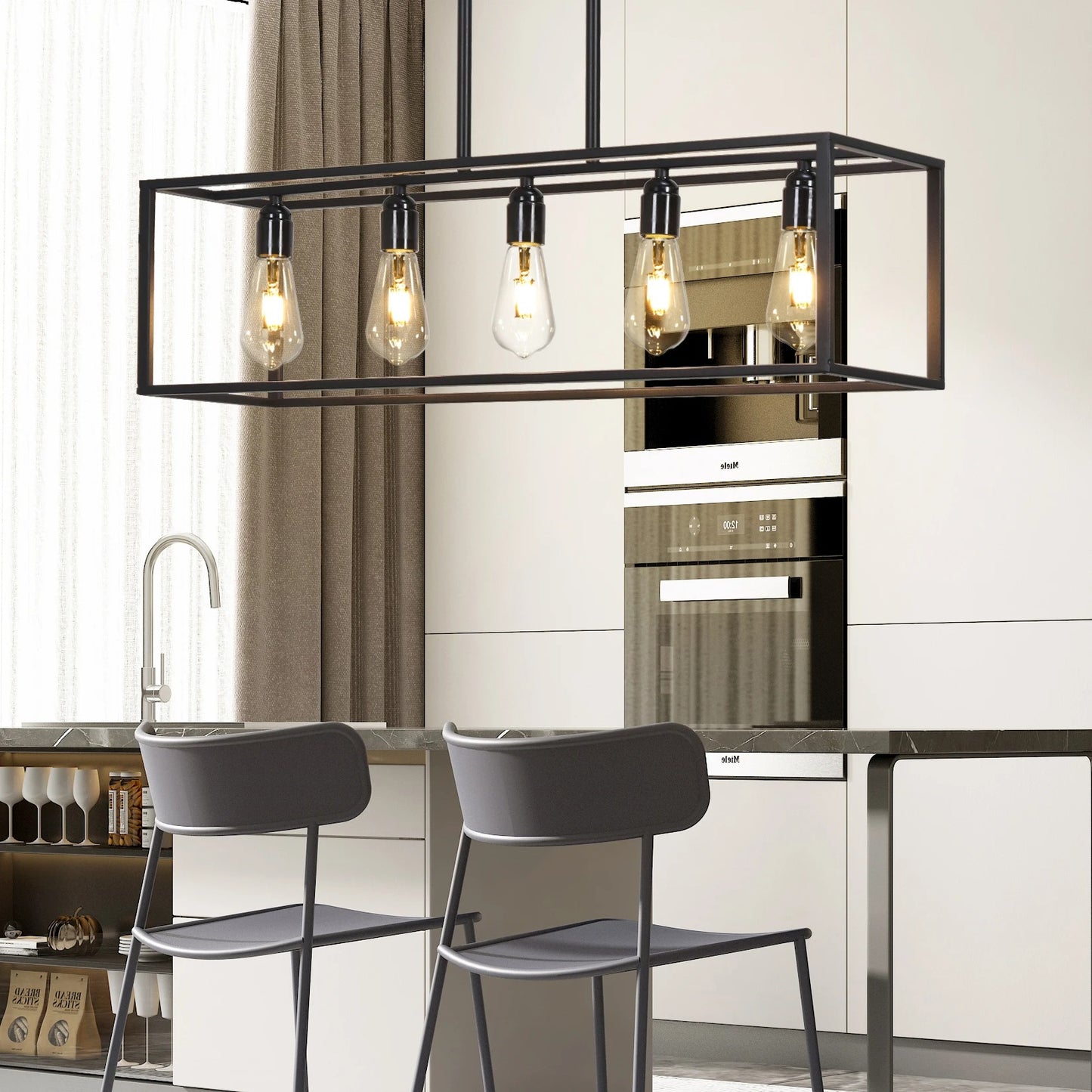 Industrial 5-Bulb Black Kitchen Island Chandelier – Pendant Ceiling Light for Living Room, Hallway & Farmhouse Interiors