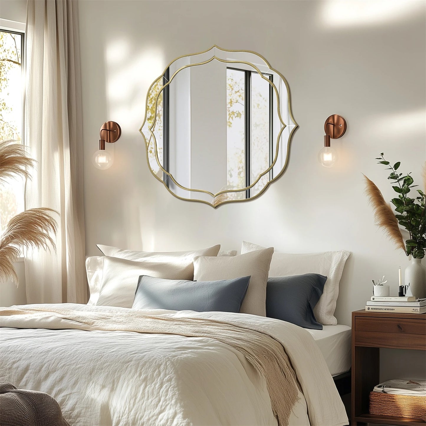 Modern Decorative Wall Mirror – Venetian-Style Silver Glass Mirror with Golden Rim & Beveled Frame for Bedroom & Hallway