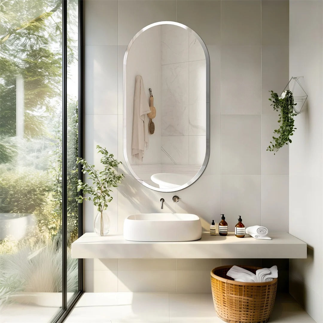 Frameless Long Oval Vanity Mirror – Silver Glass Wall Mirror with Beveled Edge for Bathroom & Entryway
