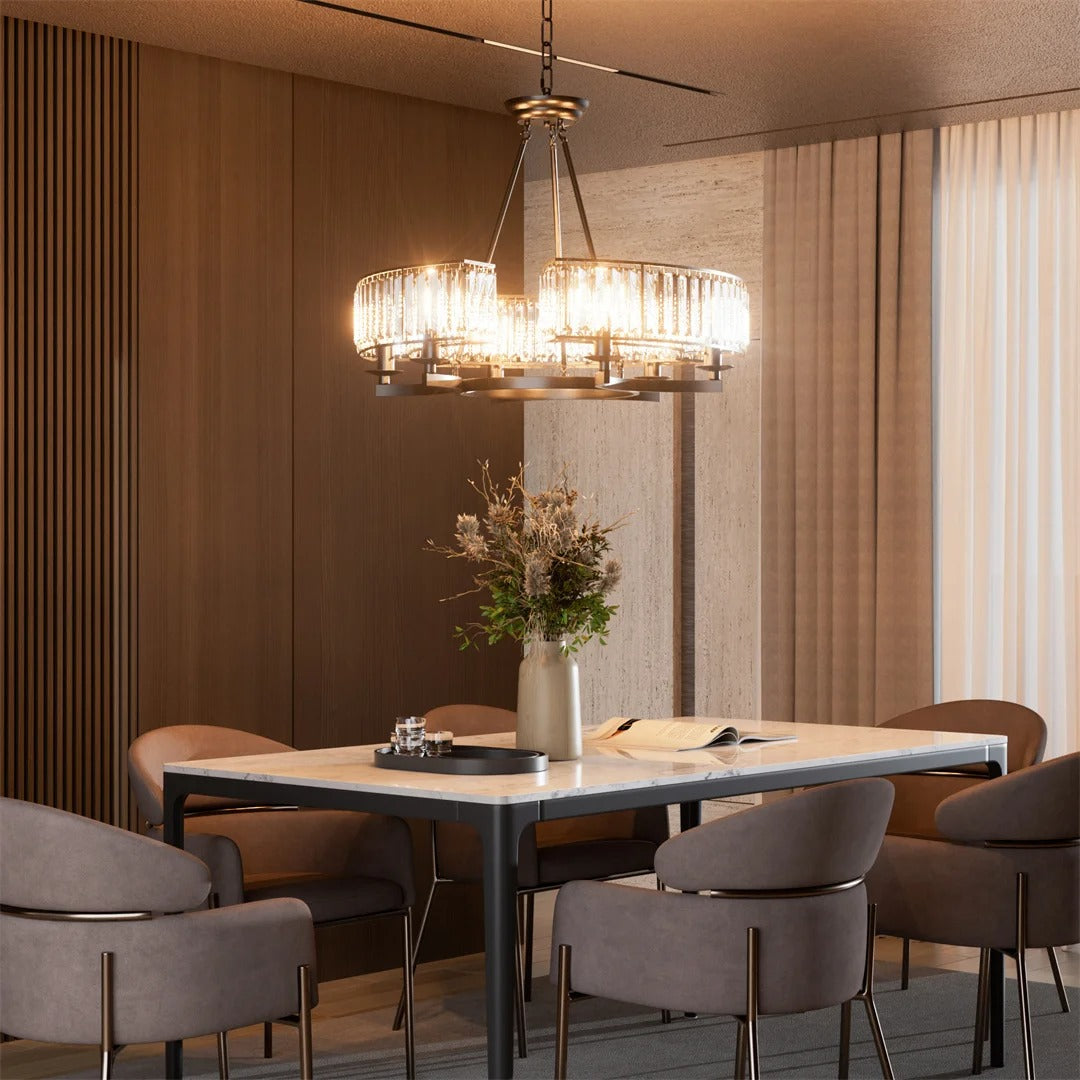 Round Crystal Chandelier – Black Ceiling Light Fixture with 3-Colour Modes & Adjustable Height
