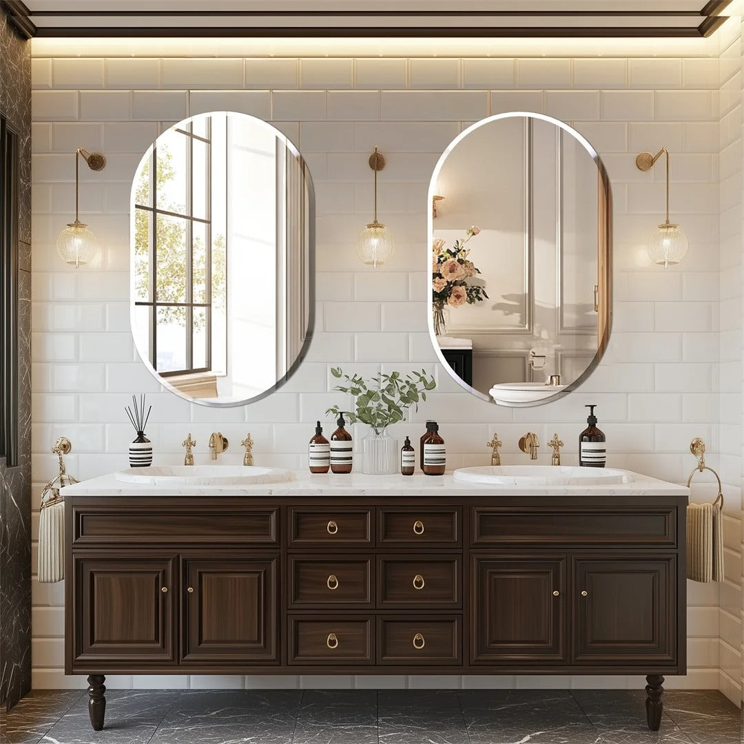 Frameless Long Oval Vanity Mirror – Silver Glass Wall Mirror with Beveled Edge for Bathroom & Entryway