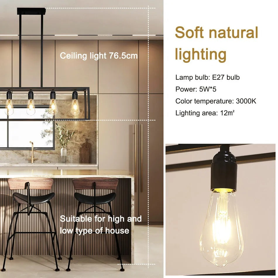 Industrial 5-Bulb Black Kitchen Island Chandelier – Pendant Ceiling Light for Living Room, Hallway & Farmhouse Interiors