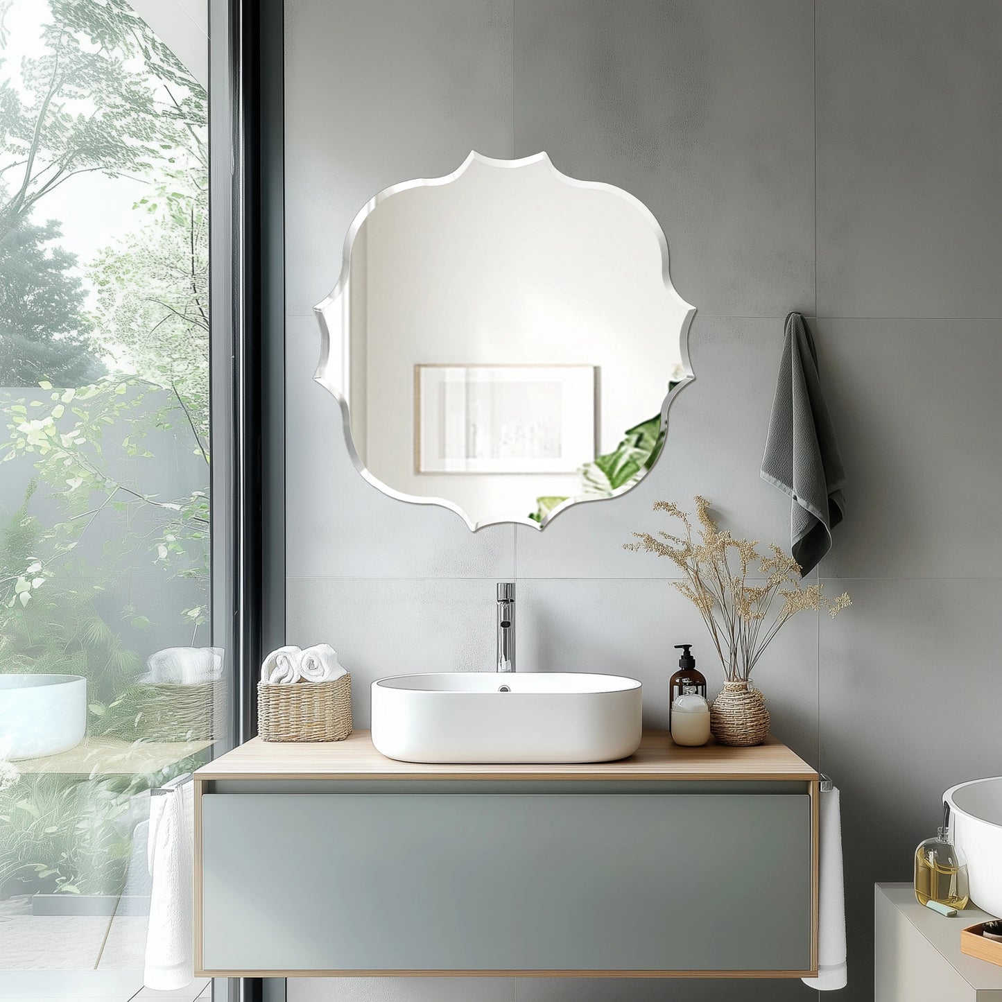 Frameless Bathroom Wall Mirror – Scalloped Beveled Edge Mirror for Living Room, Bedroom & Entryway