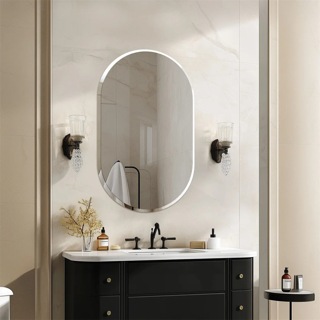 Frameless Long Oval Vanity Mirror – Silver Glass Wall Mirror with Beveled Edge for Bathroom & Entryway