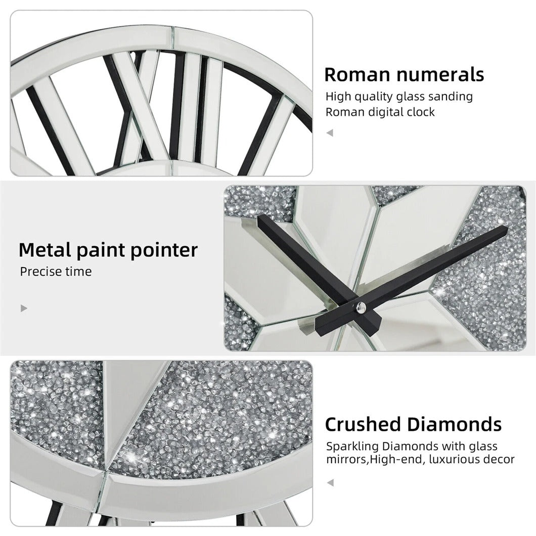 Large 60CM Round Mirrored Wall Clock – Beveled Glass Skeleton Clock with Roman Numerals for Living Room & Fireplace Decor
