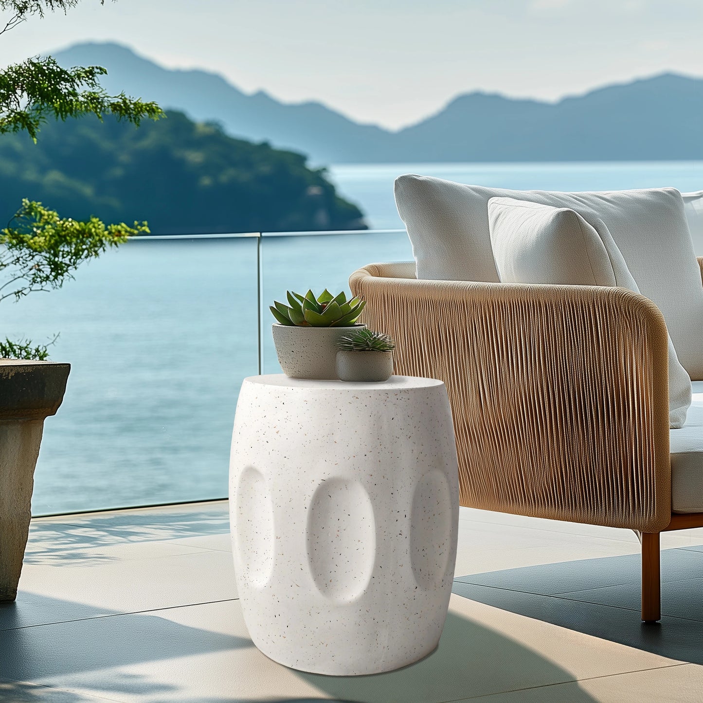 Unique Lightweight Concrete Side Table Decorative Garden Stool Faux Terrazzo Accent Table Small Coffee End Table