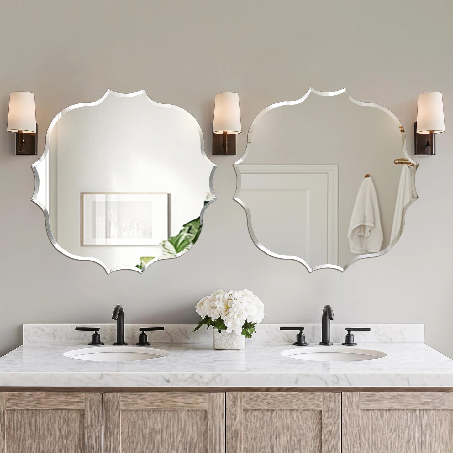 Frameless Bathroom Wall Mirror – Scalloped Beveled Edge Mirror for Living Room, Bedroom & Entryway