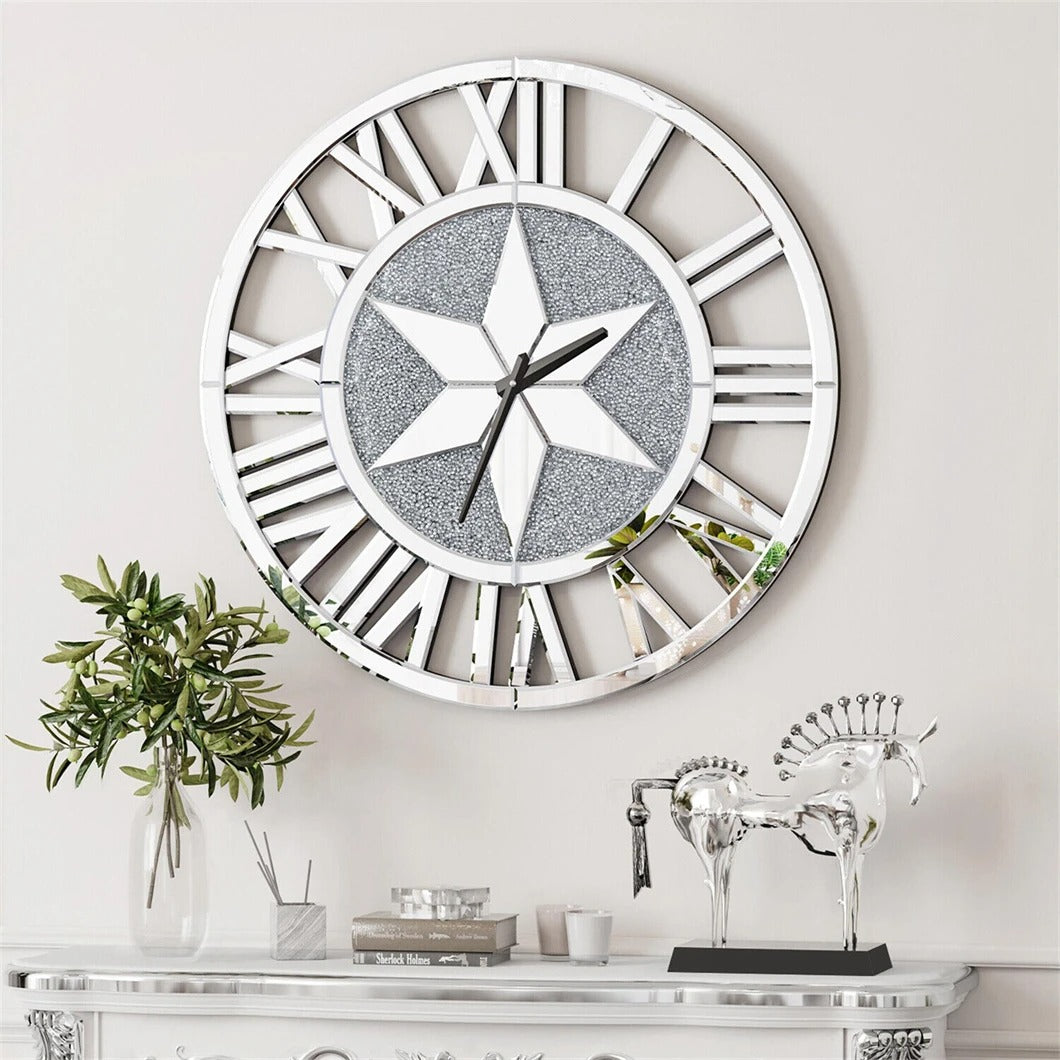 Large 60CM Round Mirrored Wall Clock – Beveled Glass Skeleton Clock with Roman Numerals for Living Room & Fireplace Decor