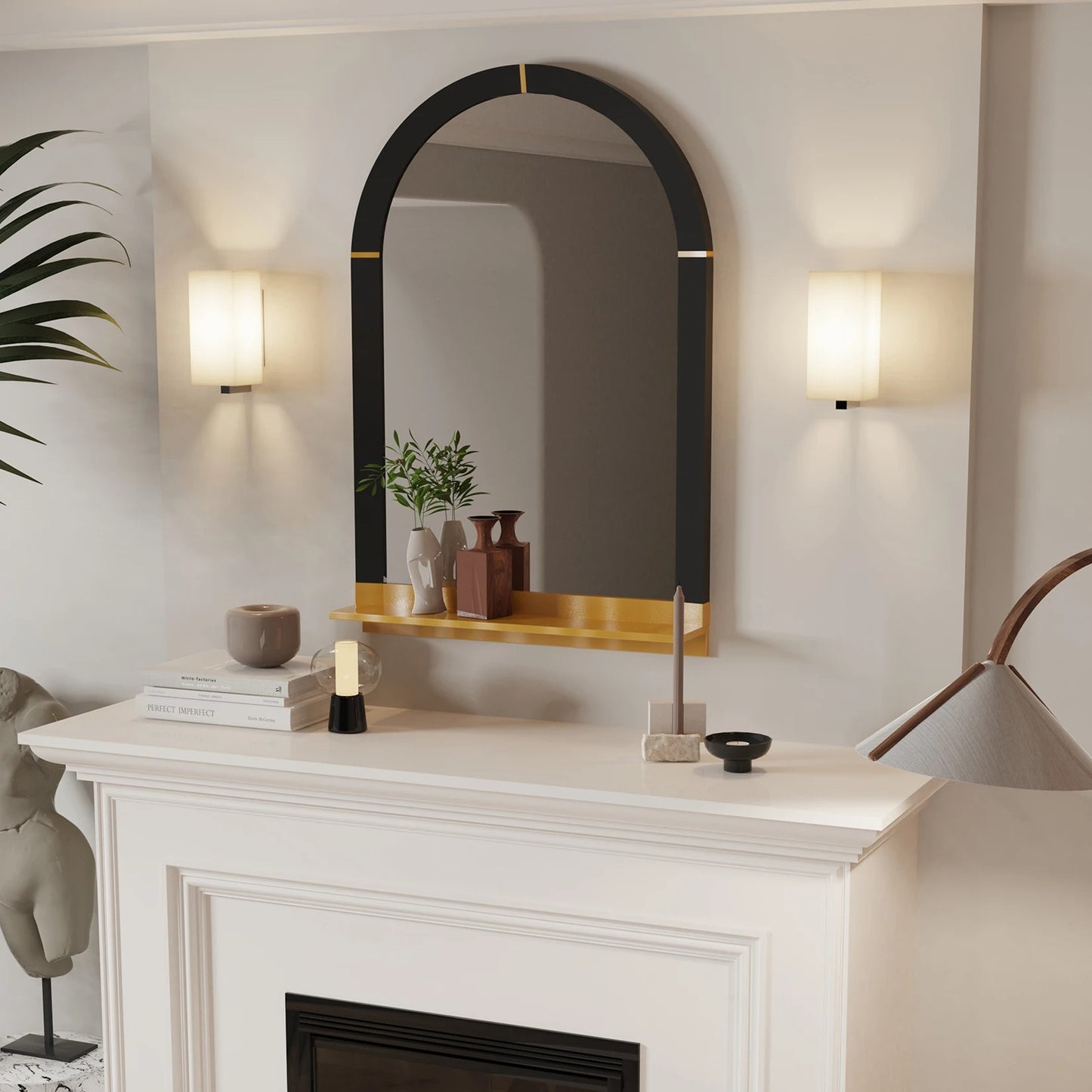 Modern Arched Wall Mirror with Shelf – 20x30" Gold Decorative Mirror for Entryway & Living Room