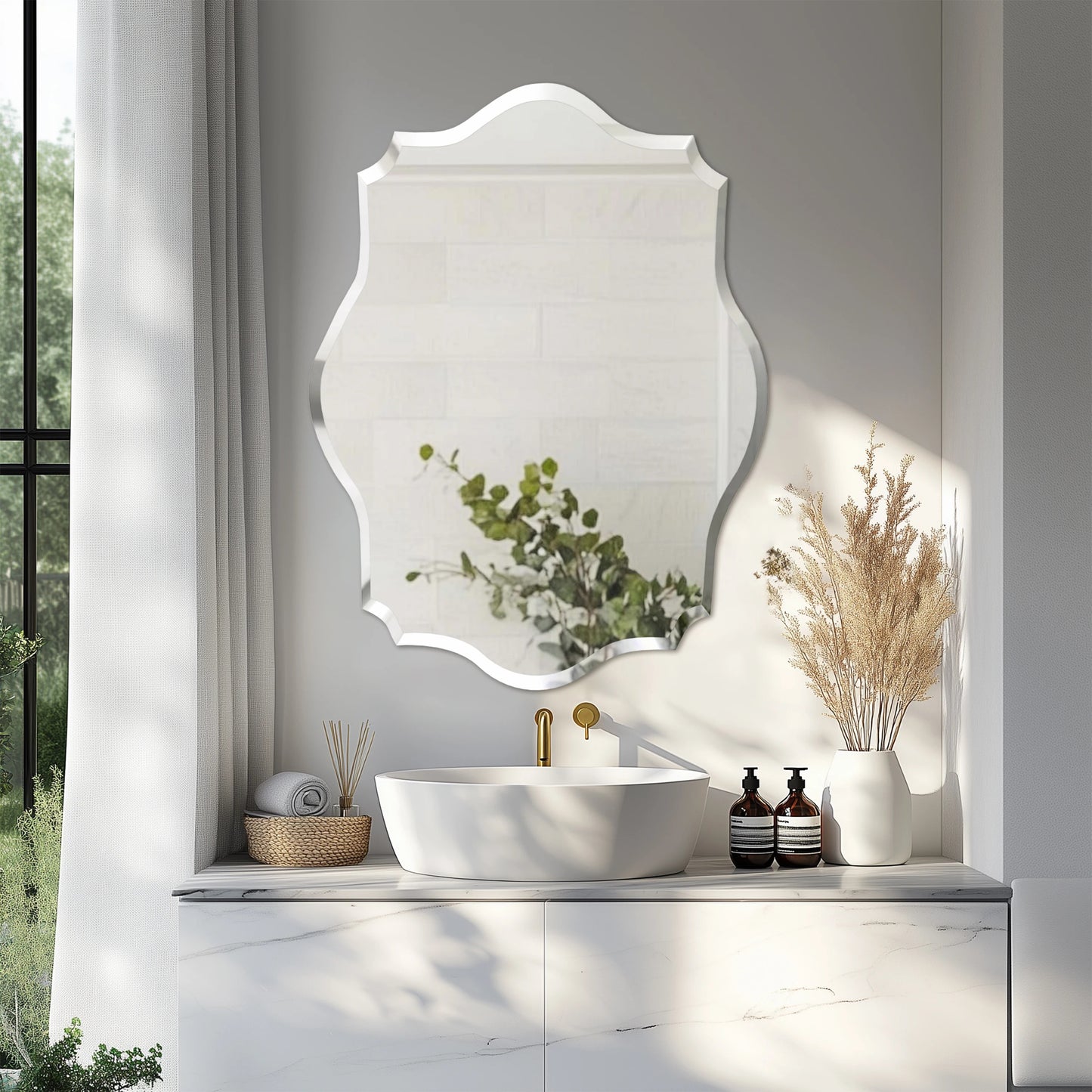 Scalloped Frameless Wall Mirror – Polished Silver Beveled Edge Mirror for Bathroom, Bedroom, Vanity & Living Room