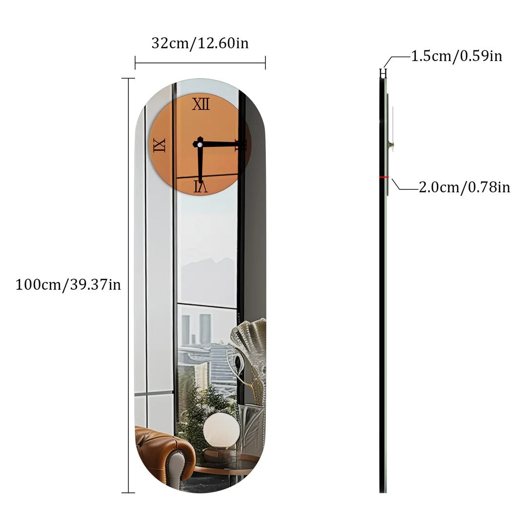 Modern Oblong Wall Clock – Long Silver Mirror Decorative Clock with Roman Numerals for Living Room & Bedroom