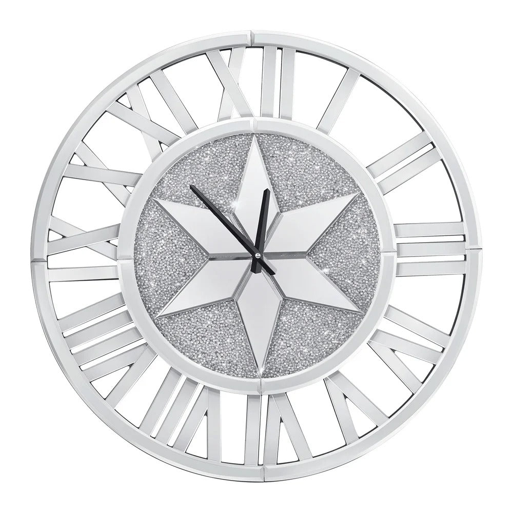 Large 60CM Round Mirrored Wall Clock – Beveled Glass Skeleton Clock with Roman Numerals for Living Room & Fireplace Decor