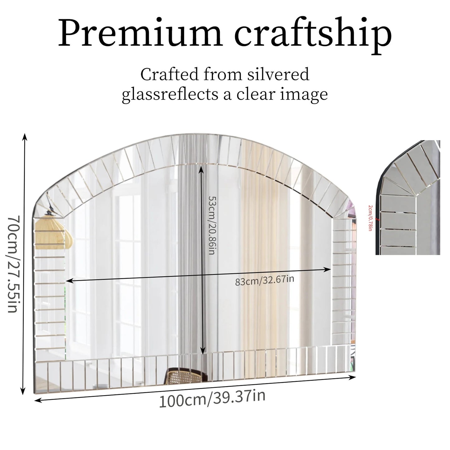 Extra Large Arched Wall Mirror – Silver Glass Venetian Accent Mirror with Bling Beveled Edge for Living Room Decor
