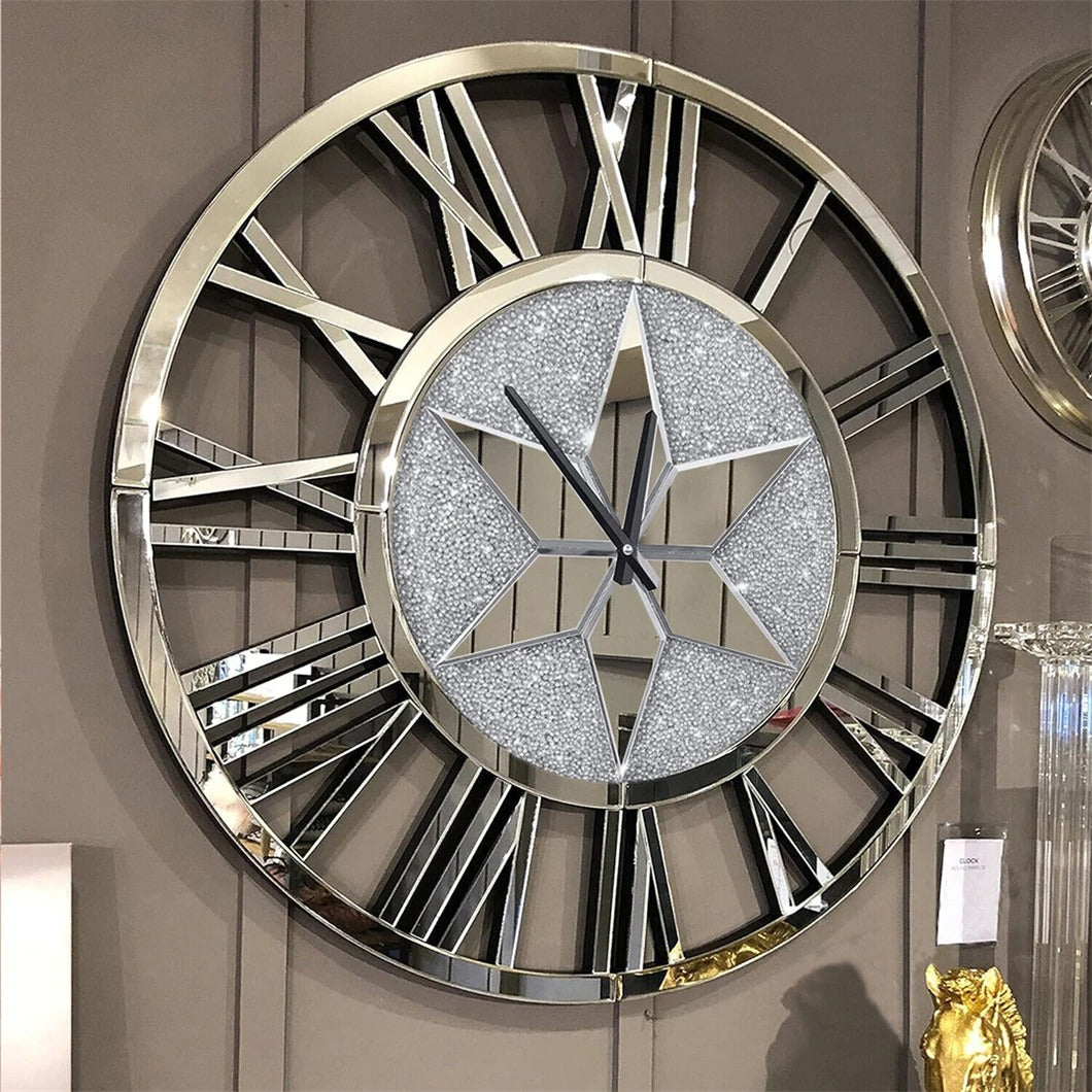 Large 60CM Round Mirrored Wall Clock – Beveled Glass Skeleton Clock with Roman Numerals for Living Room & Fireplace Decor