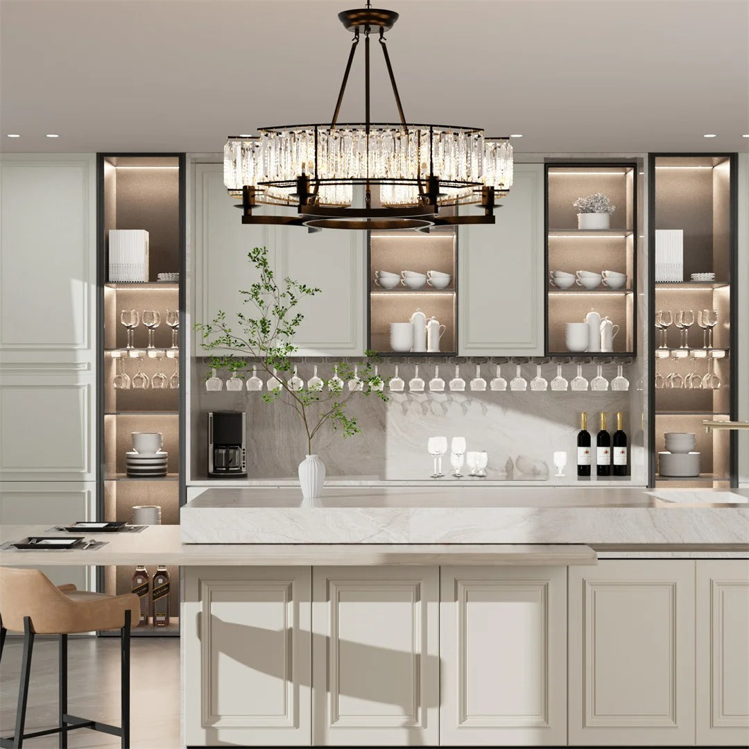 Round Crystal Chandelier – Black Ceiling Light Fixture with 3-Colour Modes & Adjustable Height