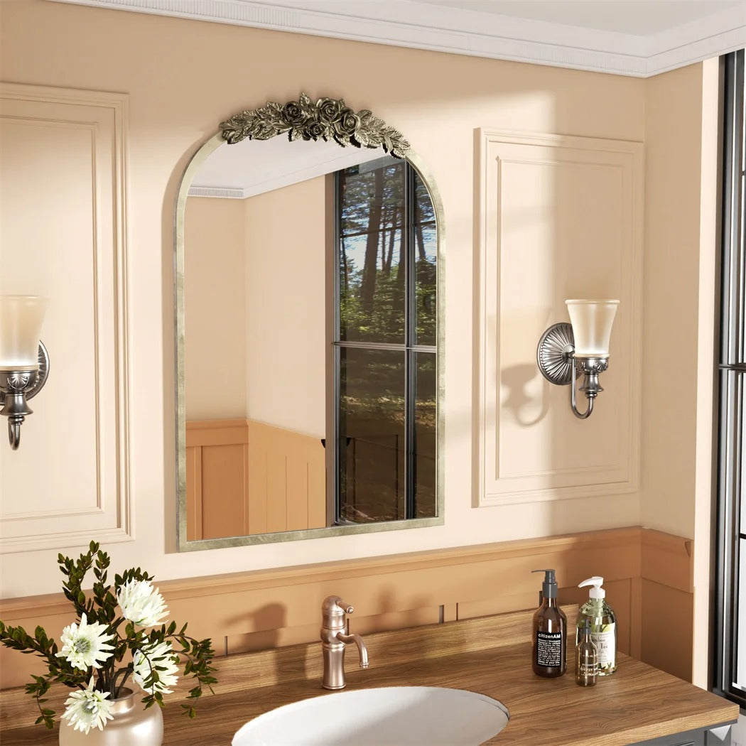 Arched Antique Brass Wall Mirror – Metal Frame with Decorative Resin Rose Pattern for Entryway, Fireplace & Living Room