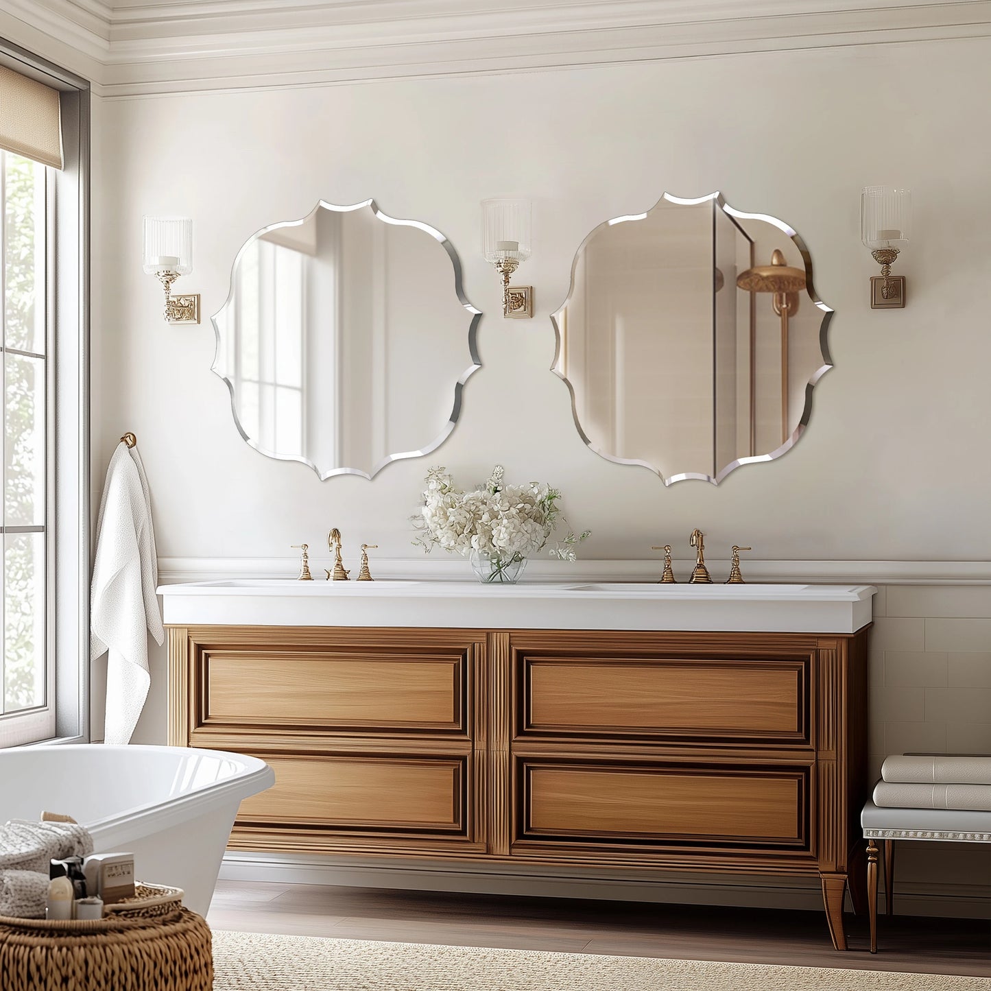 Frameless Bathroom Wall Mirror – Scalloped Beveled Edge Mirror for Living Room, Bedroom & Entryway