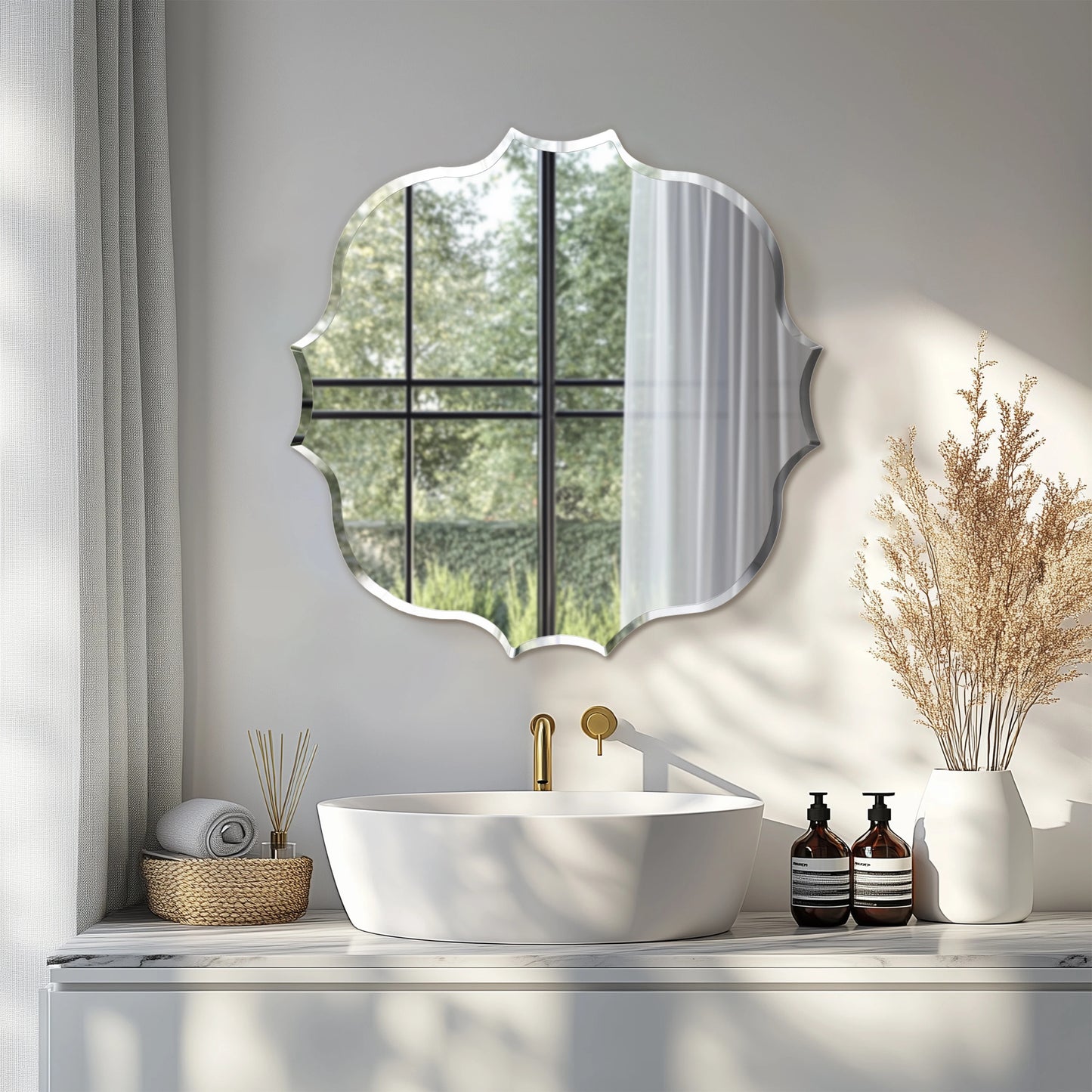 Frameless Bathroom Wall Mirror – Scalloped Beveled Edge Mirror for Living Room, Bedroom & Entryway