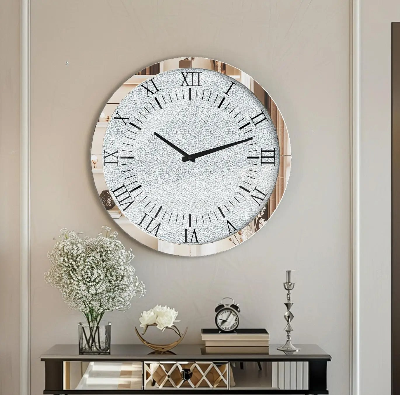 Round Crystal Crushed Diamond Wall Clock – Silver Mirrored Glass Clock for Sparkling Home Décor
