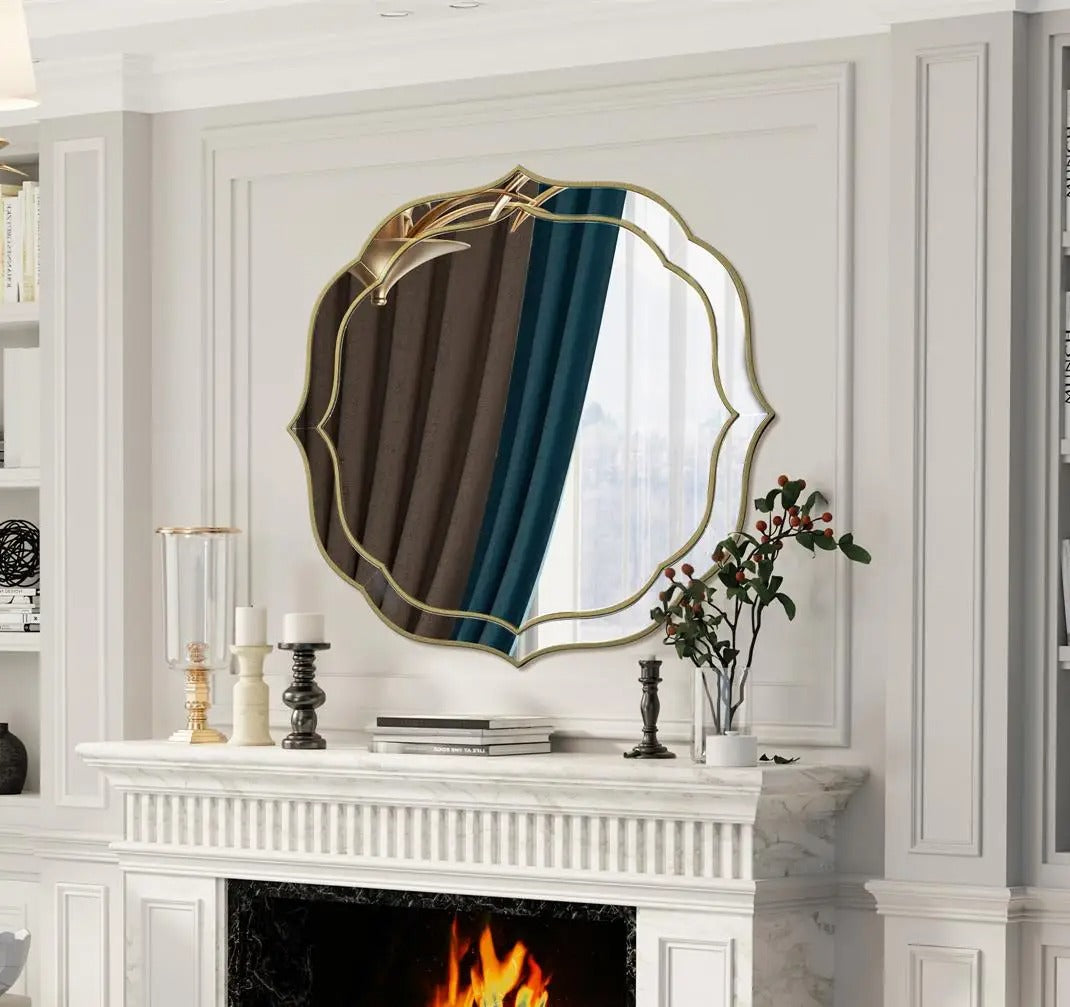 Modern Decorative Wall Mirror – Venetian-Style Silver Glass Mirror with Golden Rim & Beveled Frame for Bedroom & Hallway