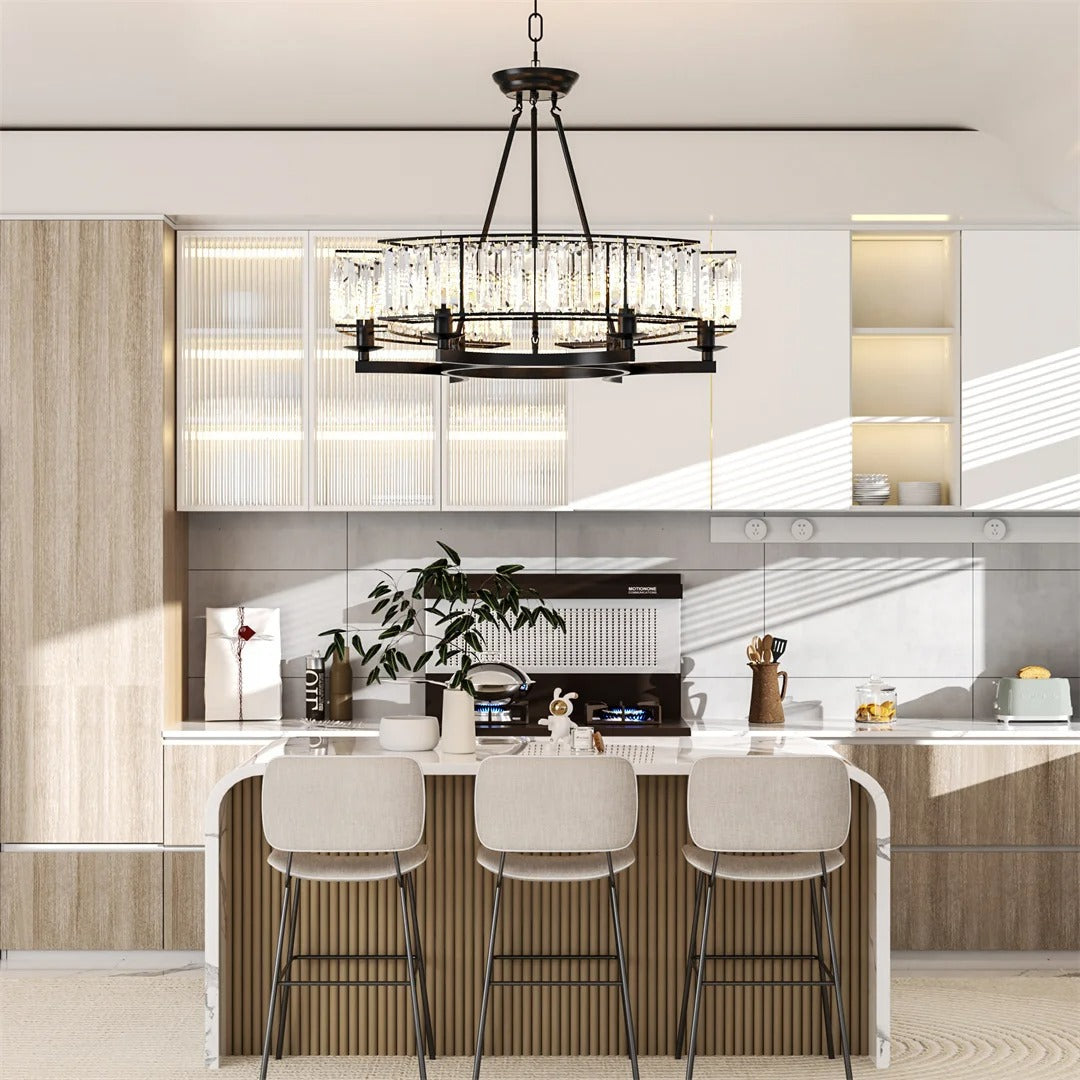 Round Crystal Chandelier – Black Ceiling Light Fixture with 3-Colour Modes & Adjustable Height