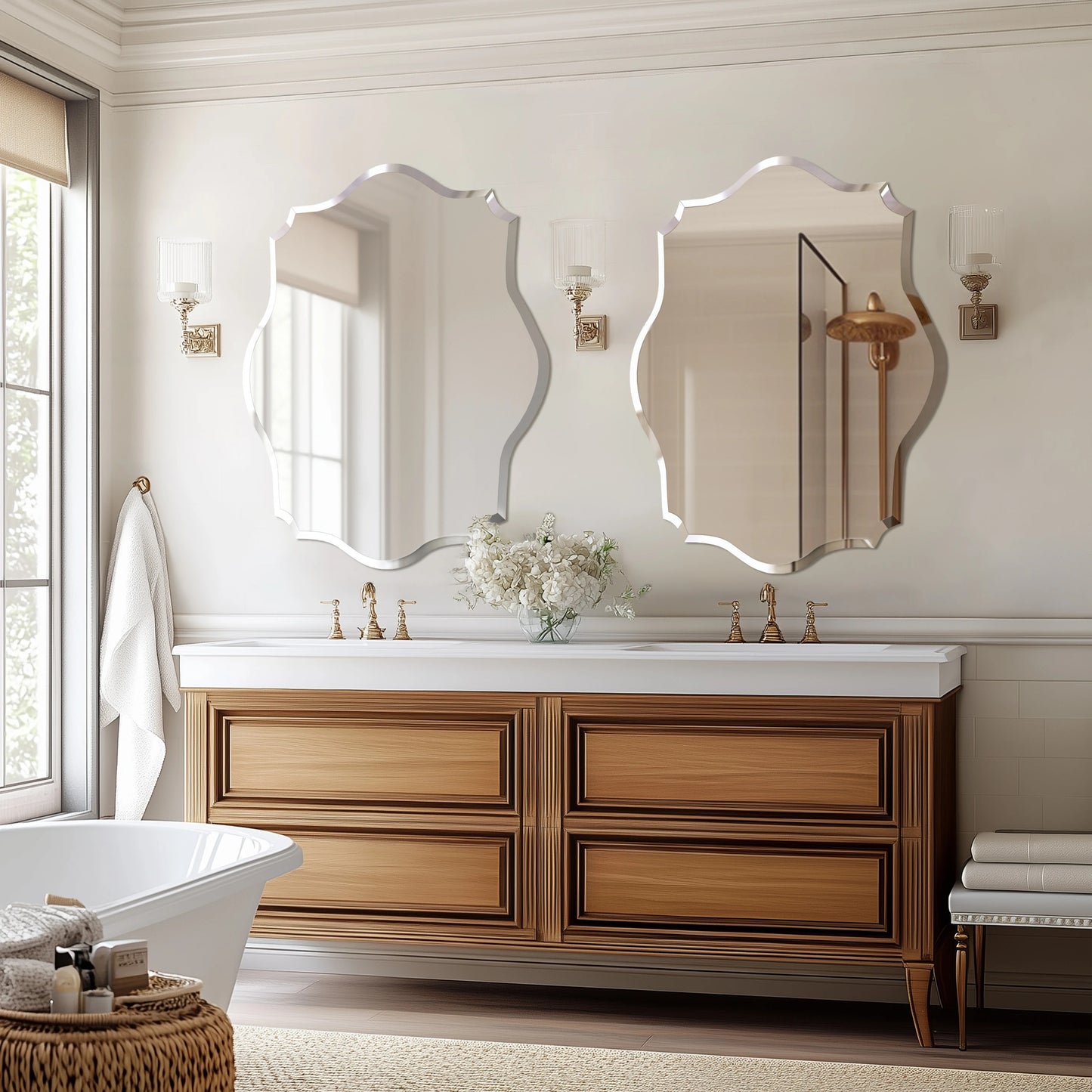 Scalloped Frameless Wall Mirror – Polished Silver Beveled Edge Mirror for Bathroom, Bedroom, Vanity & Living Room