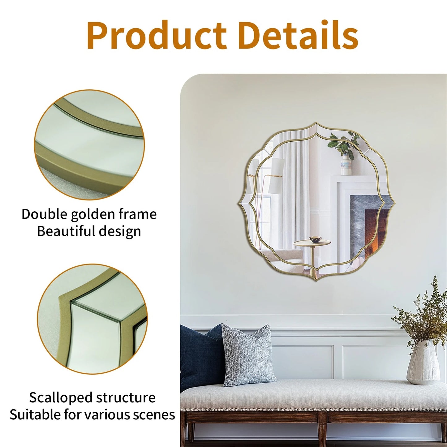 Modern Decorative Wall Mirror – Venetian-Style Silver Glass Mirror with Golden Rim & Beveled Frame for Bedroom & Hallway
