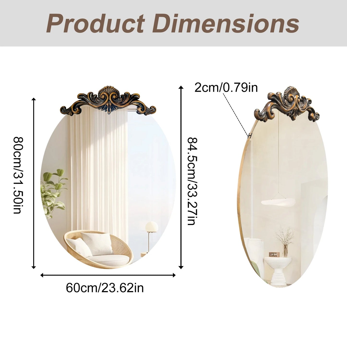 Oval Vintage Baroque Wall Mirror – 3D Embossed Antique Frame Glass Mirror for Entryway, Fireplace & Living Room