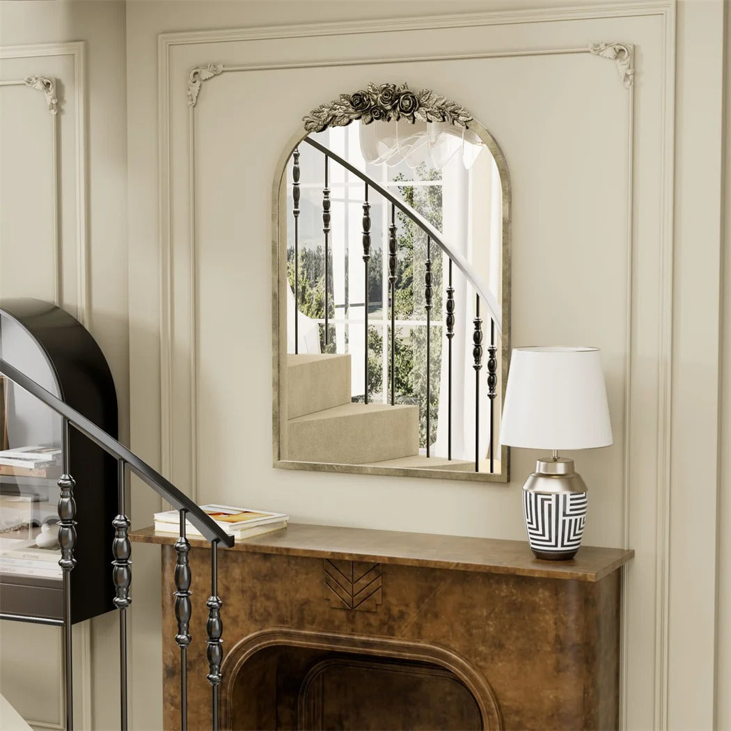 Arched Antique Brass Wall Mirror – Metal Frame with Decorative Resin Rose Pattern for Entryway, Fireplace & Living Room