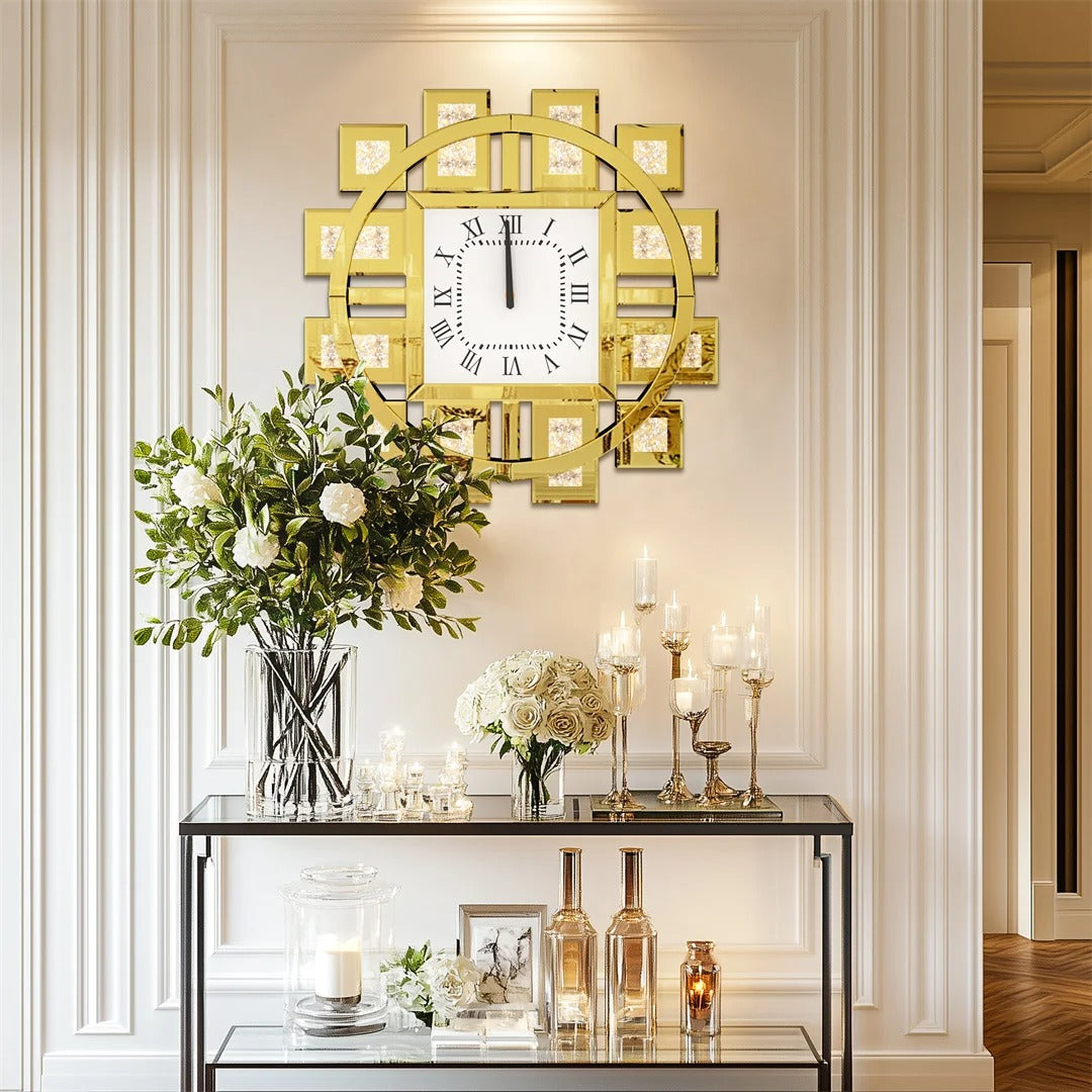 Irregular Decorative Wall Clock – Silver/Gold Crystal Crushed Diamond Inlay, Battery Operated