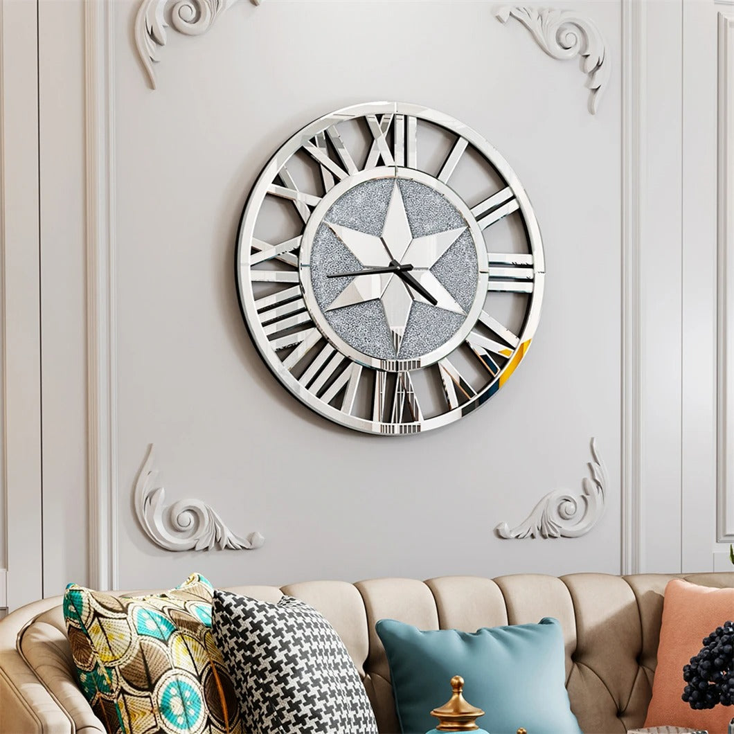 Large 60CM Round Mirrored Wall Clock – Beveled Glass Skeleton Clock with Roman Numerals for Living Room & Fireplace Decor