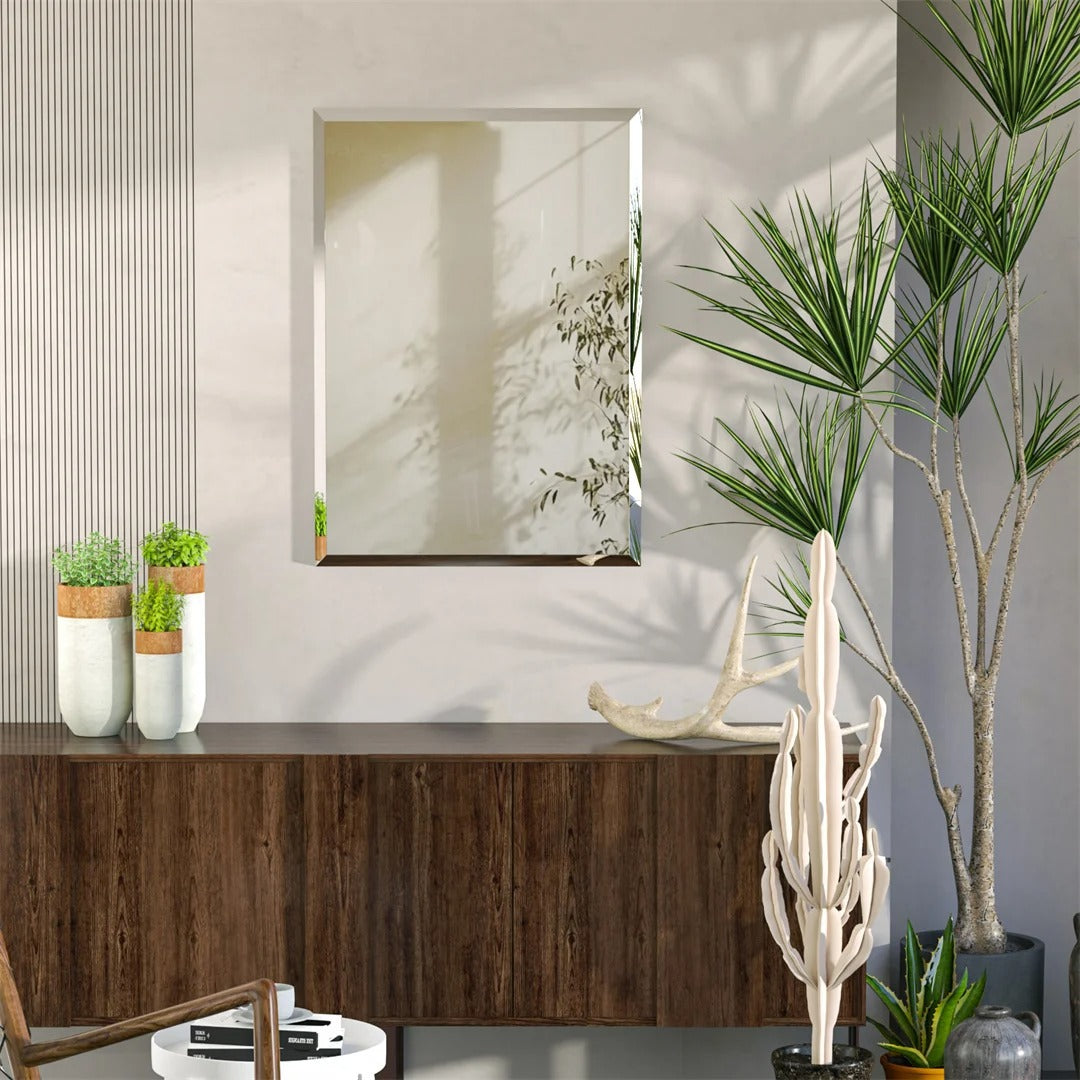 Frameless Rectangle Wall Mirror – Beveled Silver Edge Vanity Mirror for Bathroom, Bedroom, Living Room & Dining Room